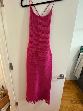 Reformation Hot Pink Crochet Midi Dress with Fringe